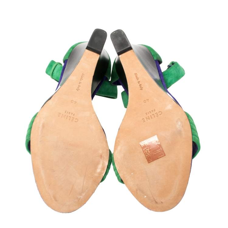 Pre Owned Cèline Gree/Blue Suede Ankle Strap Wedge Sandals Size 40