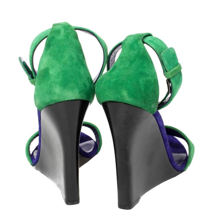 Pre Owned Cèline Gree/Blue Suede Ankle Strap Wedge Sandals Size 40