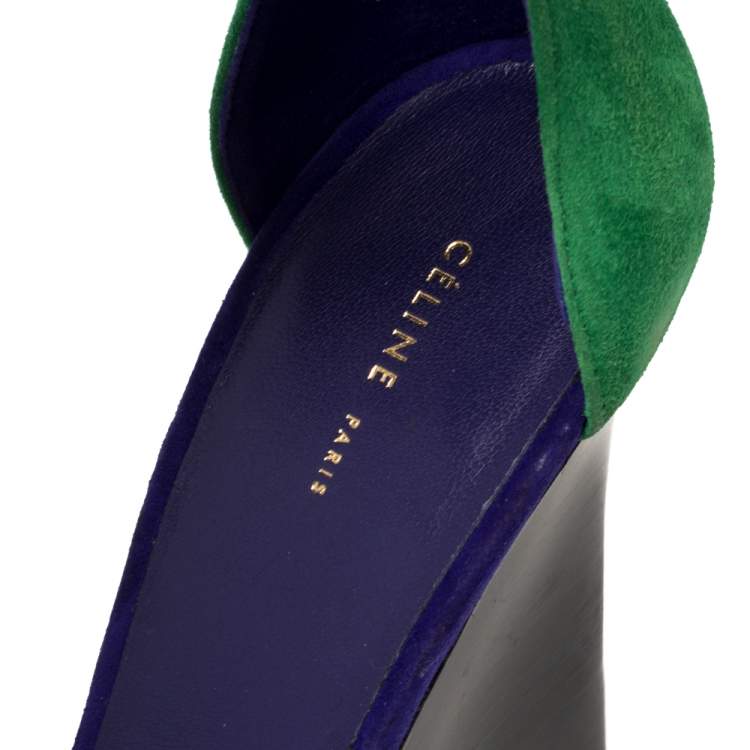Pre Owned Cèline Gree/Blue Suede Ankle Strap Wedge Sandals Size 40