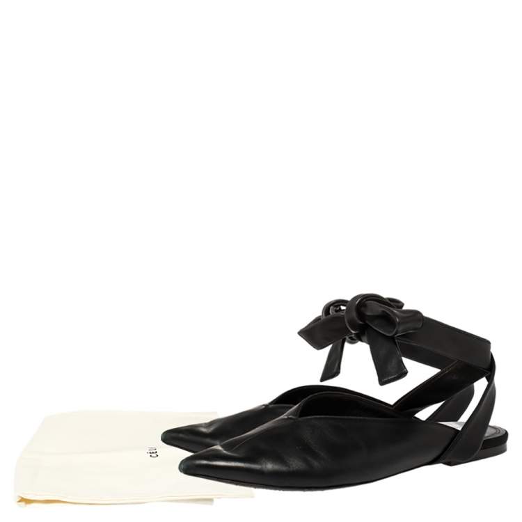 Pre Owned Celine Black Leather V Neck Pointed Ankle Wrap Mules Size 39