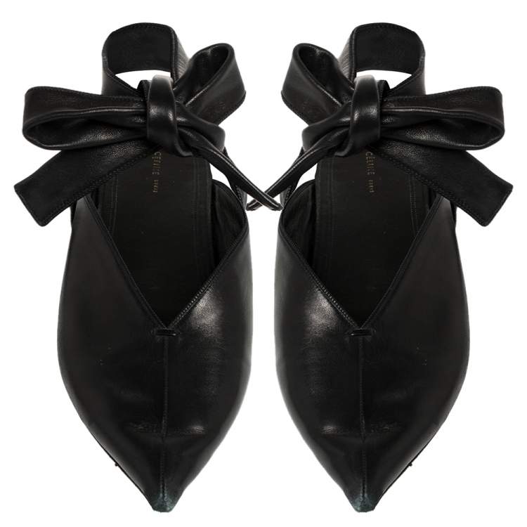 Pre Owned Celine Black Leather V Neck Pointed Ankle Wrap Mules Size 39