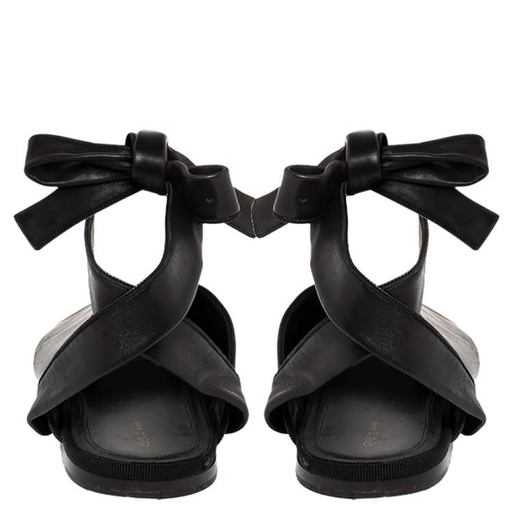 Pre Owned Celine Black Leather V Neck Pointed Ankle Wrap Mules Size 39