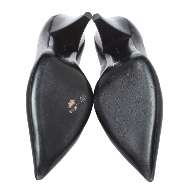 Pre Owned Celine Black Leather V Cut Pointed Toe Pumps Size 36.5