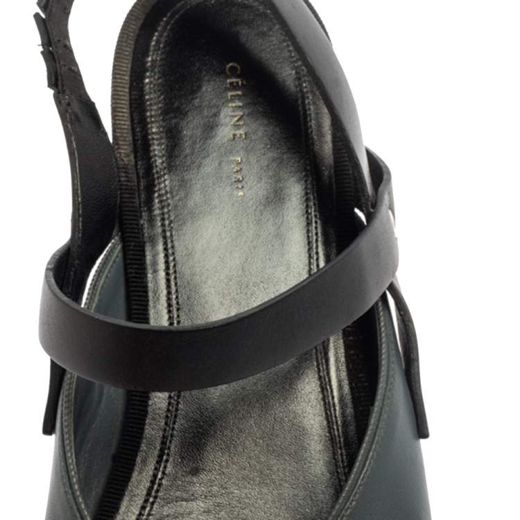 Pre Owned Celine Grey/Black Pointed Toe Slingback Flat Sandals Size 38