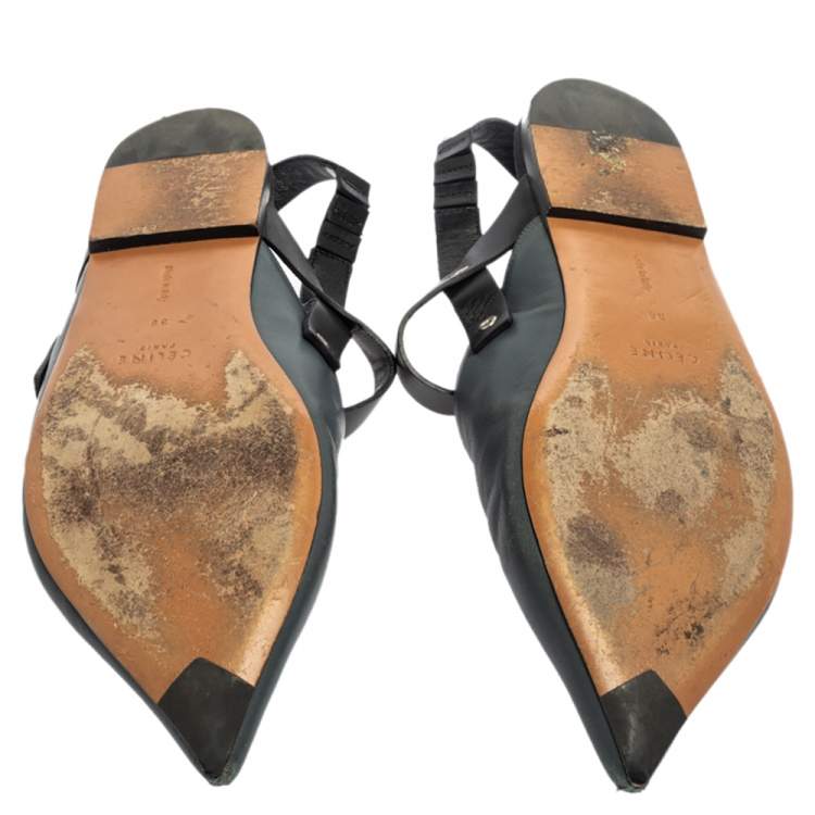 Pre Owned Celine Grey/Black Pointed Toe Slingback Flat Sandals Size 38