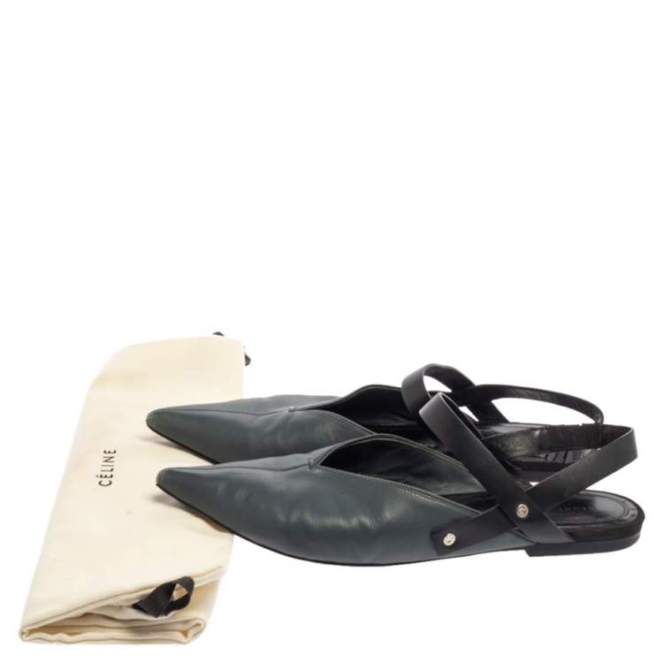 Pre Owned Celine Grey/Black Pointed Toe Slingback Flat Sandals Size 38