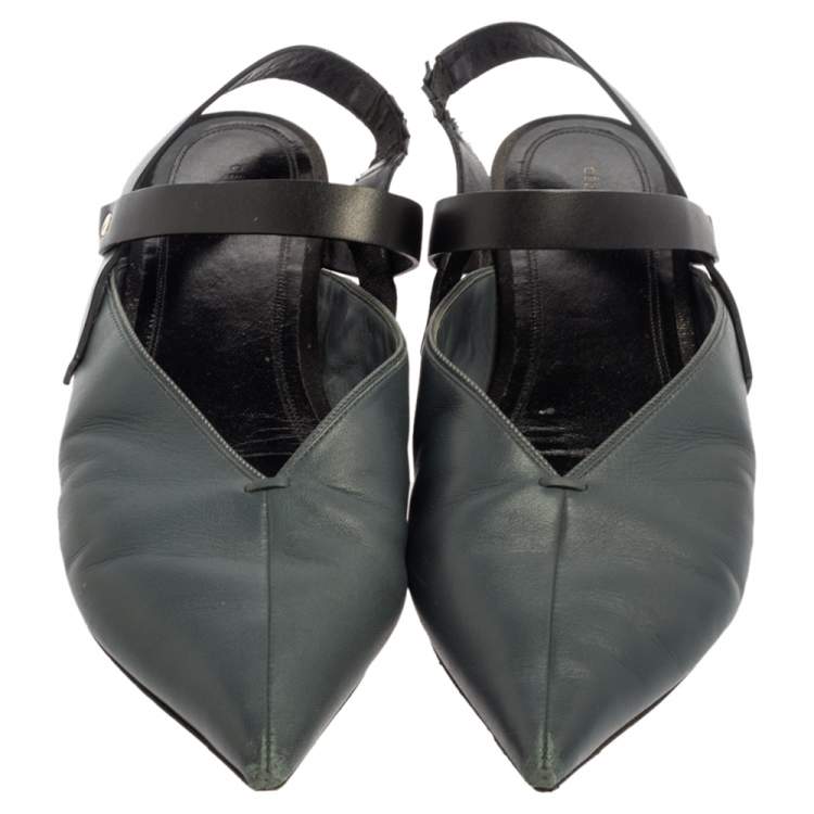 Pre Owned Celine Grey/Black Pointed Toe Slingback Flat Sandals Size 38