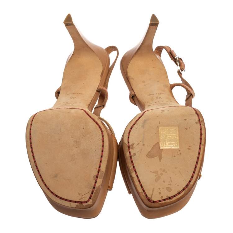 Pre Owned Celine Beige Leather Open Toe Slingback Sandals Size 38