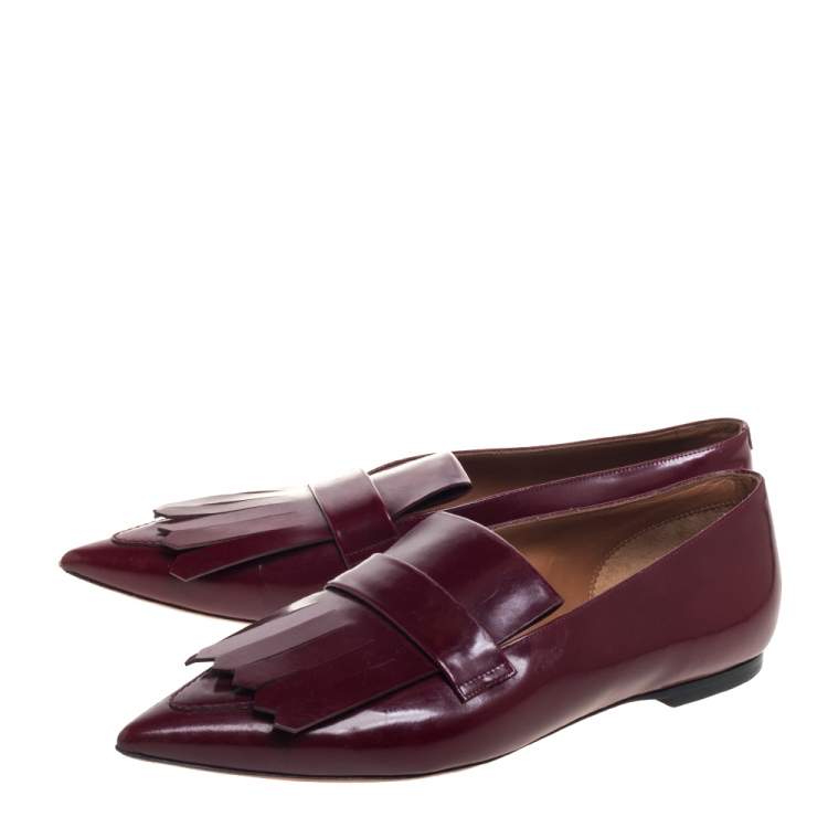 Pre Owned Celine Burgundy Leather Pointed Toe Masculina Fringe Flats Size 36