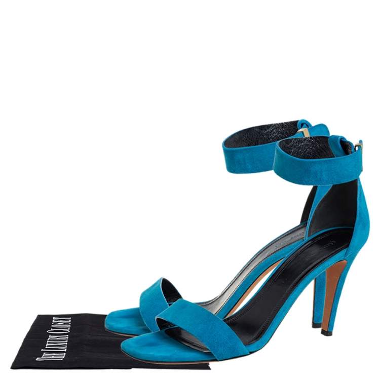 Pre Owned Celine teal Blue Suede Ankle-Strap Sandals Size 38