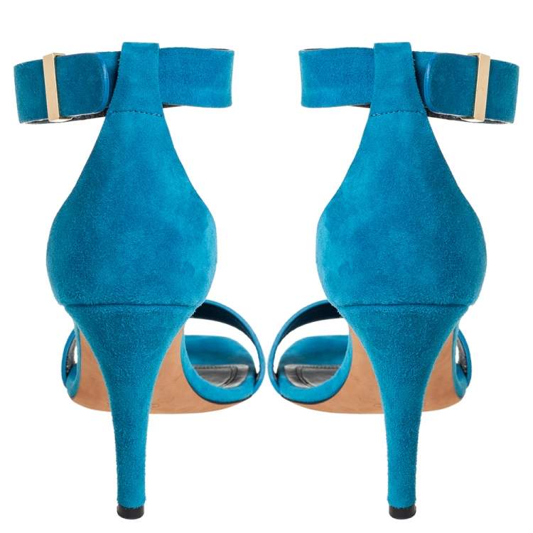 Pre Owned Celine teal Blue Suede Ankle-Strap Sandals Size 38