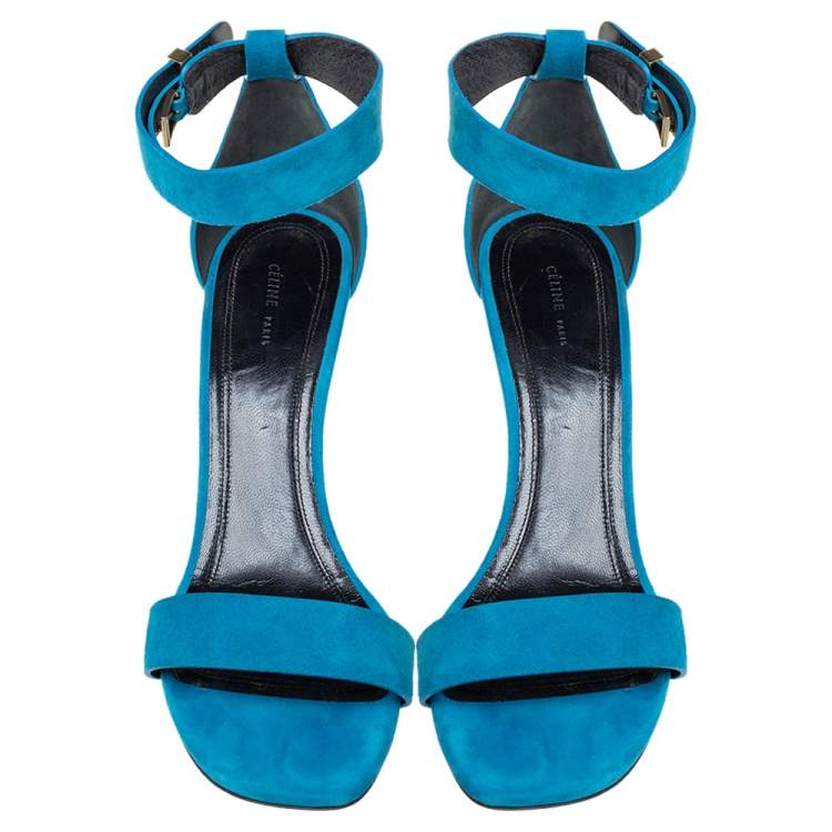 Pre Owned Celine teal Blue Suede Ankle-Strap Sandals Size 38