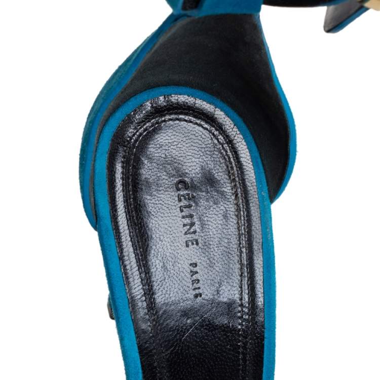 Pre Owned Celine teal Blue Suede Ankle-Strap Sandals Size 38