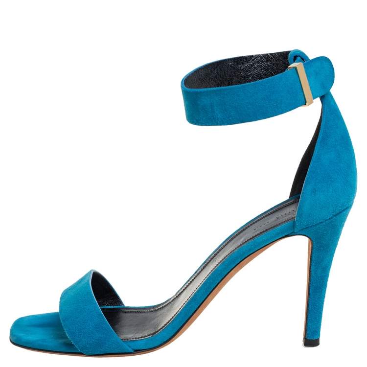 Pre Owned Celine teal Blue Suede Ankle-Strap Sandals Size 38