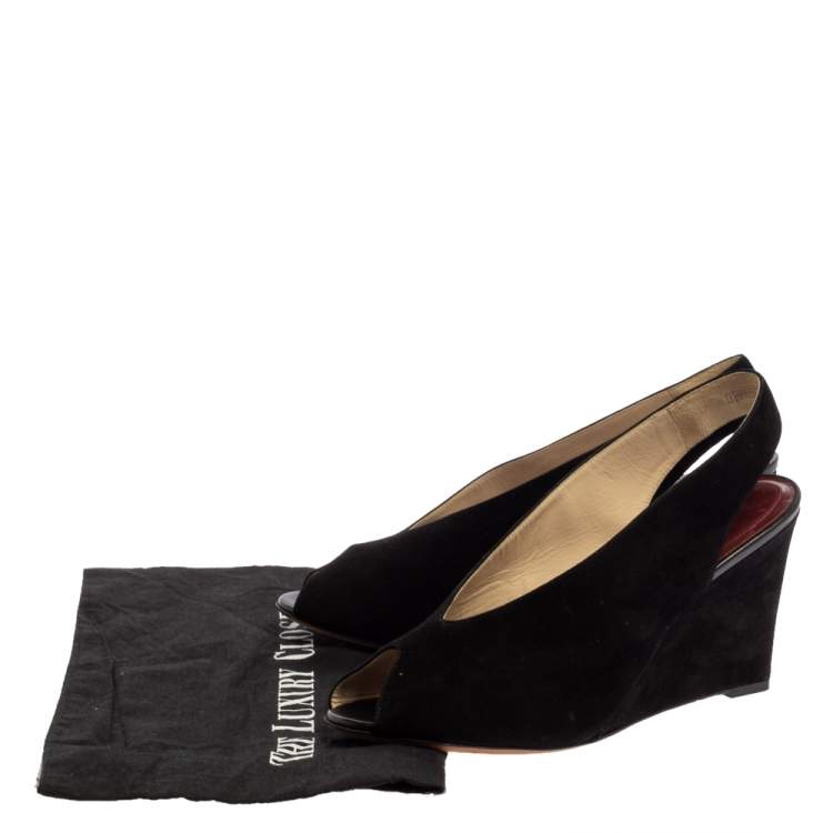 Pre Owned Celine Black Suede Wedge Slingback Sandals Size 40.5