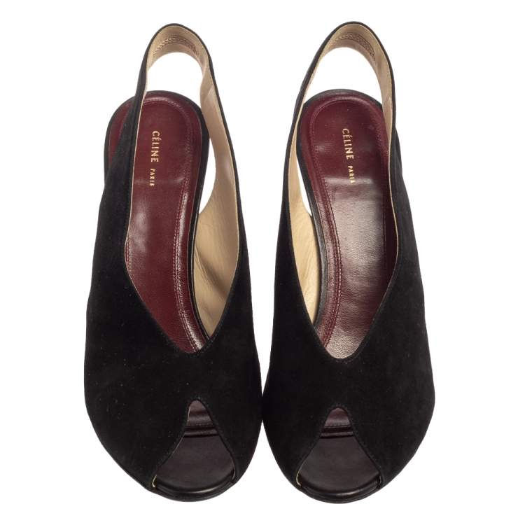 Pre Owned Celine Black Suede Wedge Slingback Sandals Size 40.5