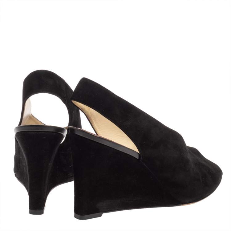 Pre Owned Celine Black Suede Wedge Slingback Sandals Size 40.5