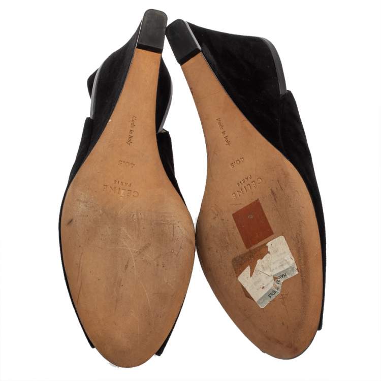 Pre Owned Celine Black Suede Wedge Slingback Sandals Size 40.5