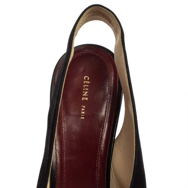 Pre Owned Celine Black Suede Wedge Slingback Sandals Size 40.5