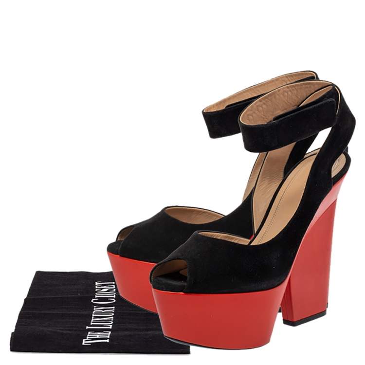 Pre Owned Celine Black/Orange Suede Peep Toe Platform Sandals Size 37.5