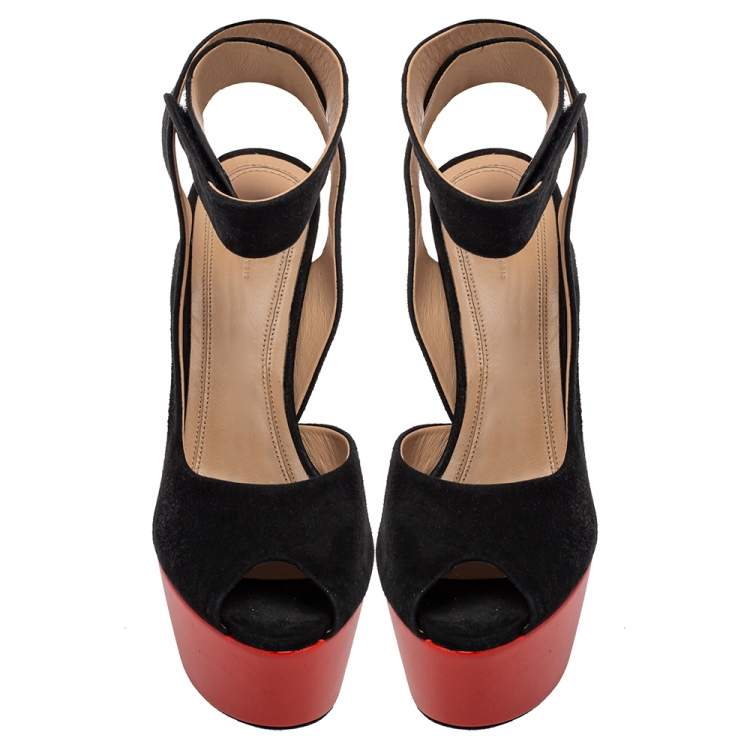 Pre Owned Celine Black/Orange Suede Peep Toe Platform Sandals Size 37.5