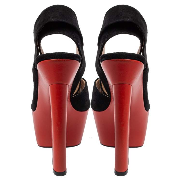 Pre Owned Celine Black/Orange Suede Peep Toe Platform Sandals Size 37.5