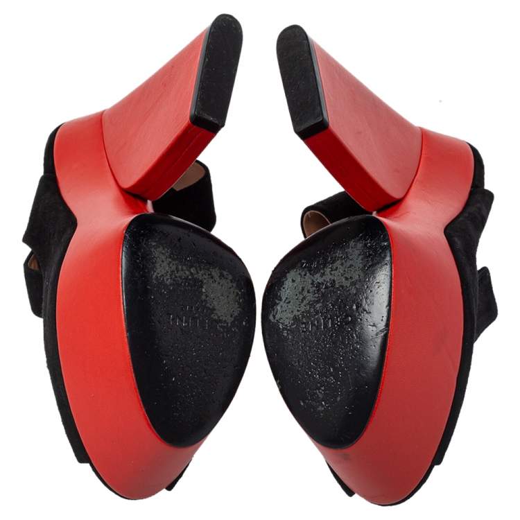 Pre Owned Celine Black/Orange Suede Peep Toe Platform Sandals Size 37.5