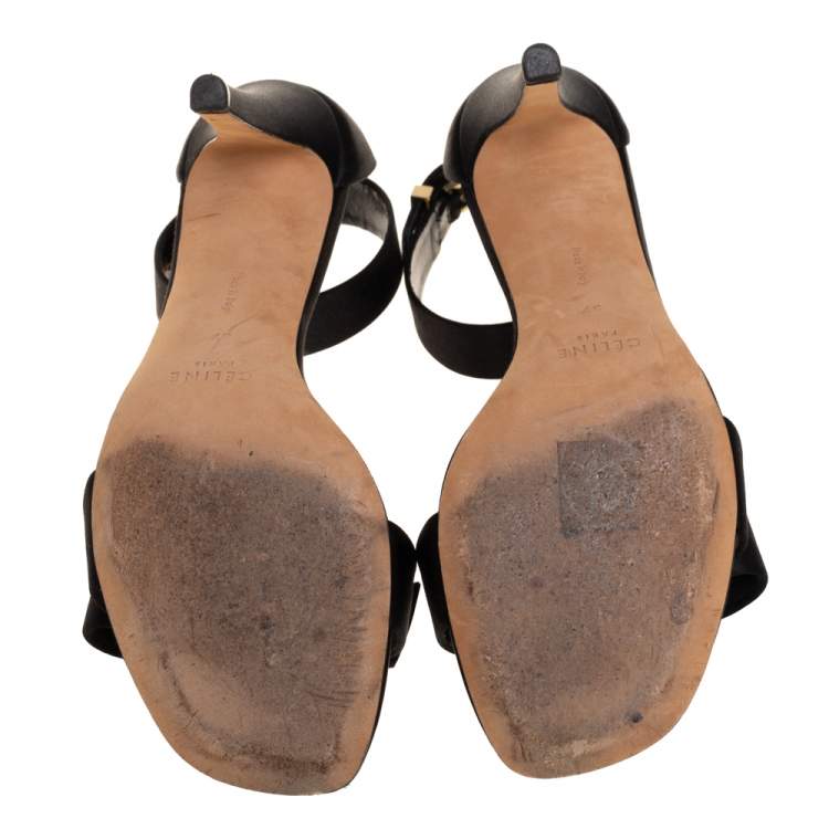 Pre Owned Celine Black Satin Bow Embellished Ankle Strap Sandals Size 37