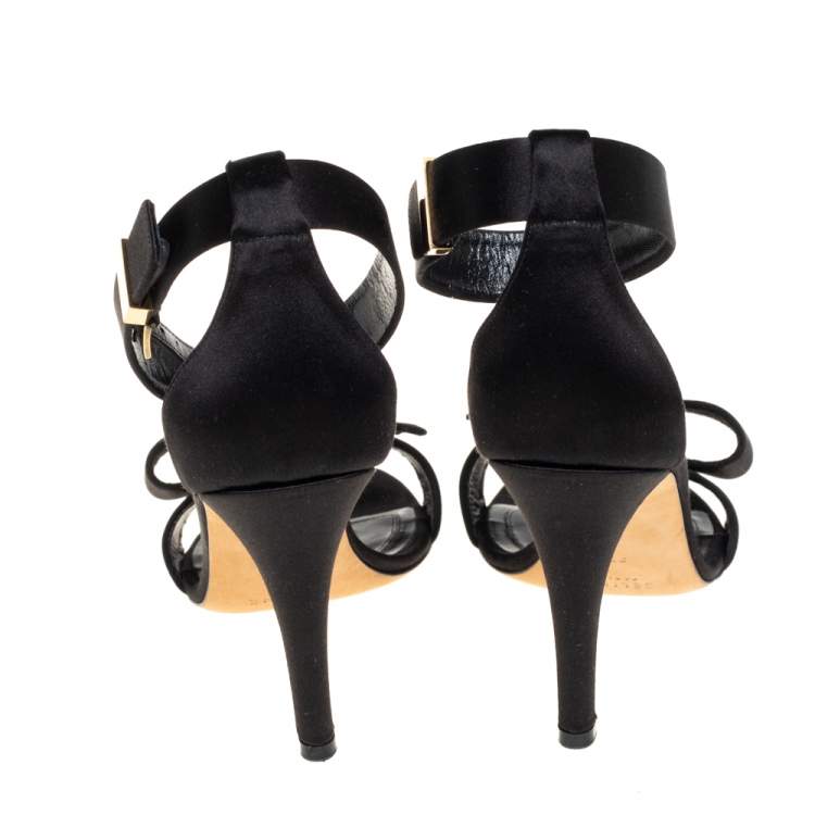 Pre Owned Celine Black Satin Bow Embellished Ankle Strap Sandals Size 37