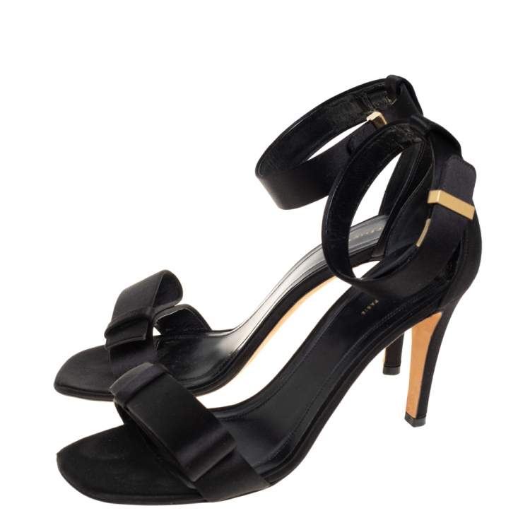 Pre Owned Celine Black Satin Bow Embellished Ankle Strap Sandals Size 37