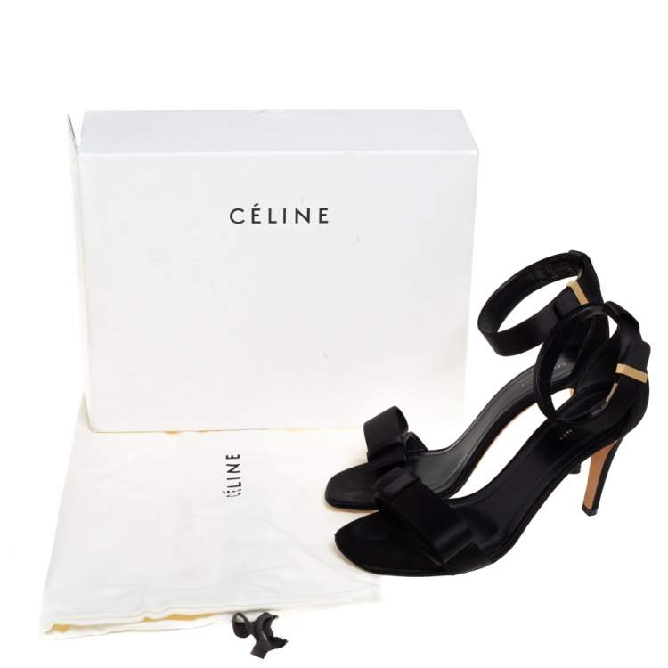 Pre Owned Celine Black Satin Bow Embellished Ankle Strap Sandals Size 37