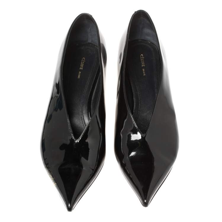 Pre Owned Celine Black Patent Leather V Cut Pointed Toe Pumps Size 36.5