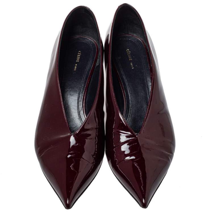Pre Owned Celine Burgundy Patent Leather V Neck Pointed Toe Pumps Size 40