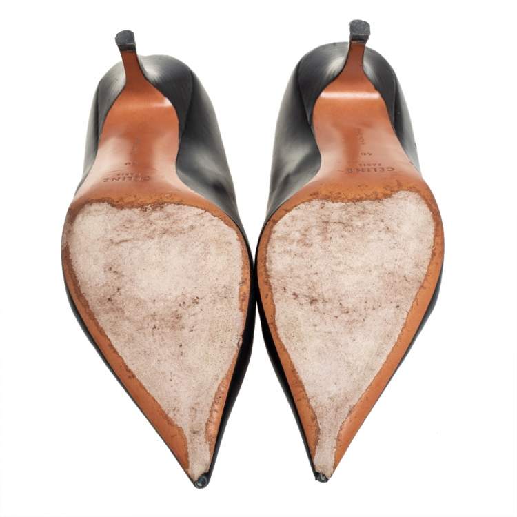 Pre Owned Celine Black Leather V Neck Pointed Toe Pumps Size 40