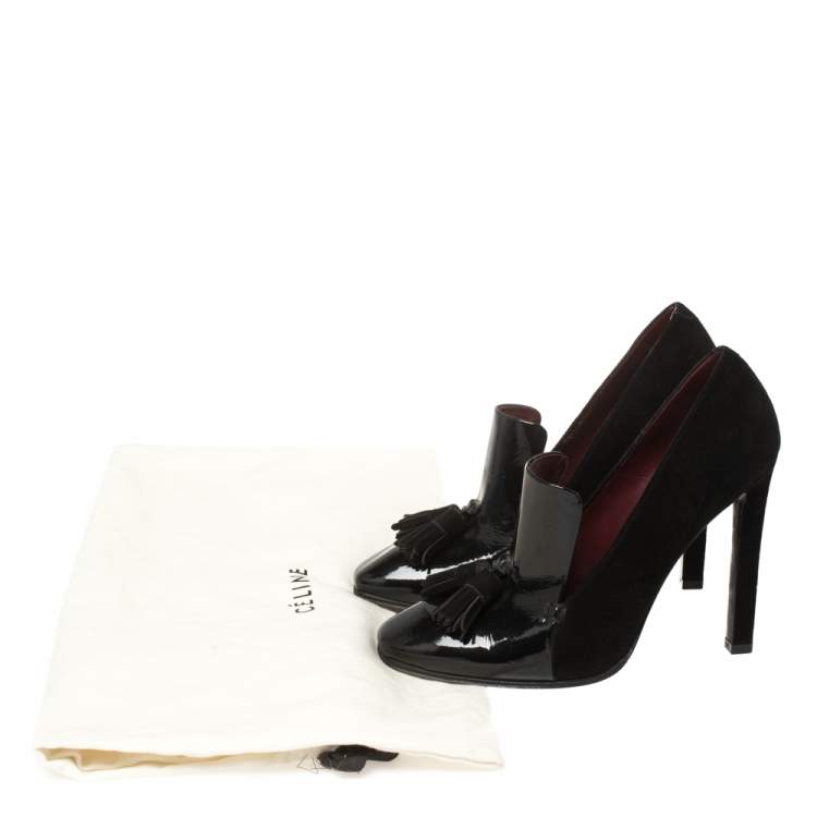 Pre Owned Celine Black Suede And Patent Leather Tassel Loafer Pumps Size 36