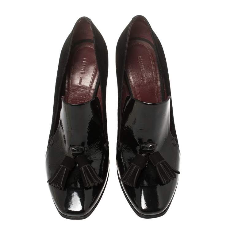 Pre Owned Celine Black Suede And Patent Leather Tassel Loafer Pumps Size 36