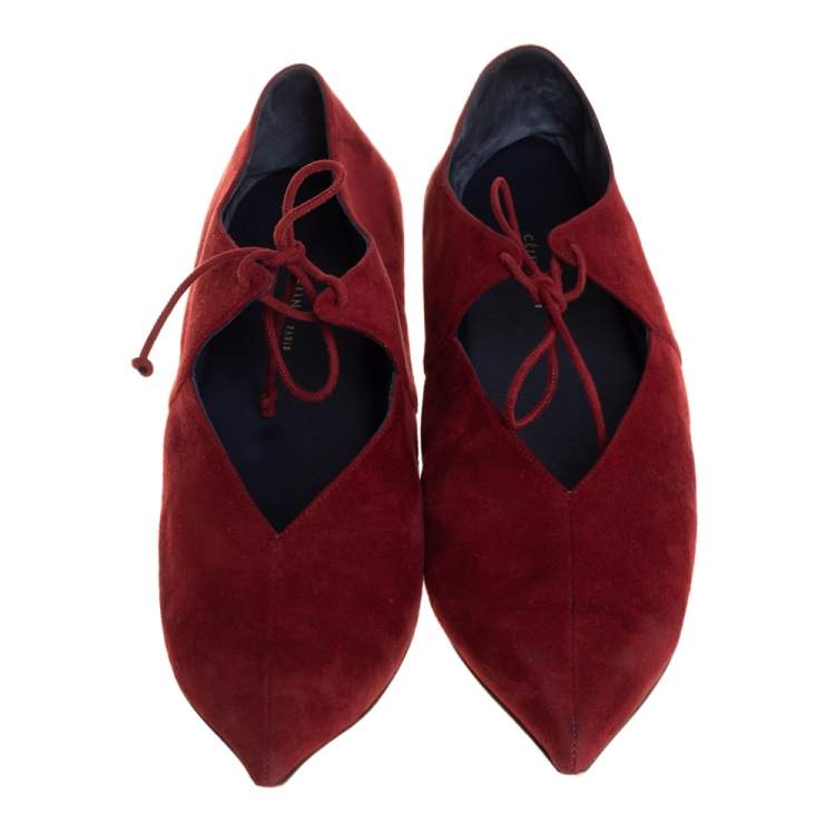 Pre Owned Céline Burgundy Suede V Lace Up Flats Size 41