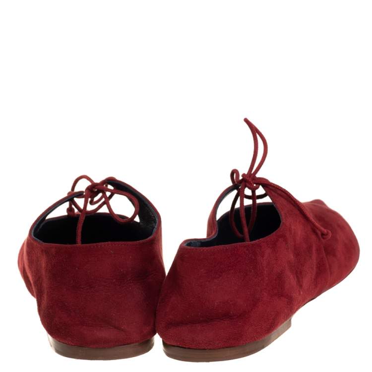 Pre Owned Céline Burgundy Suede V Lace Up Flats Size 41