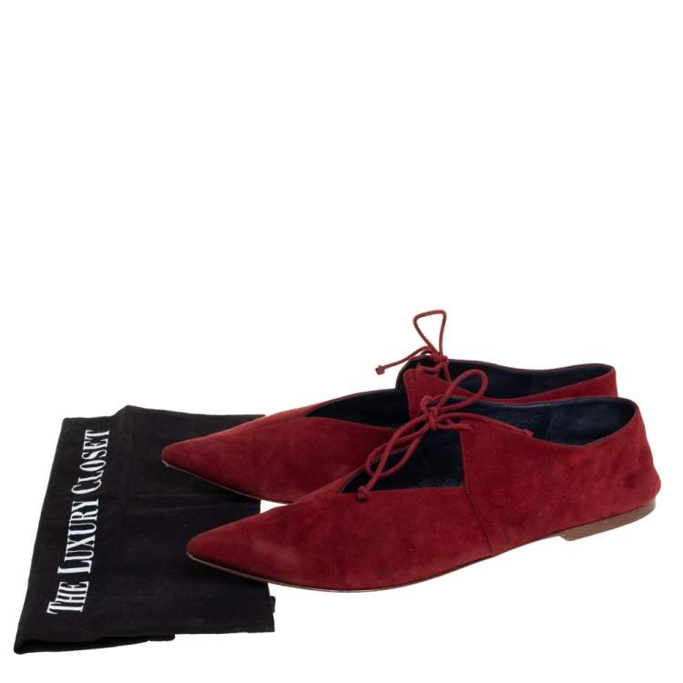 Pre Owned Céline Burgundy Suede V Lace Up Flats Size 41