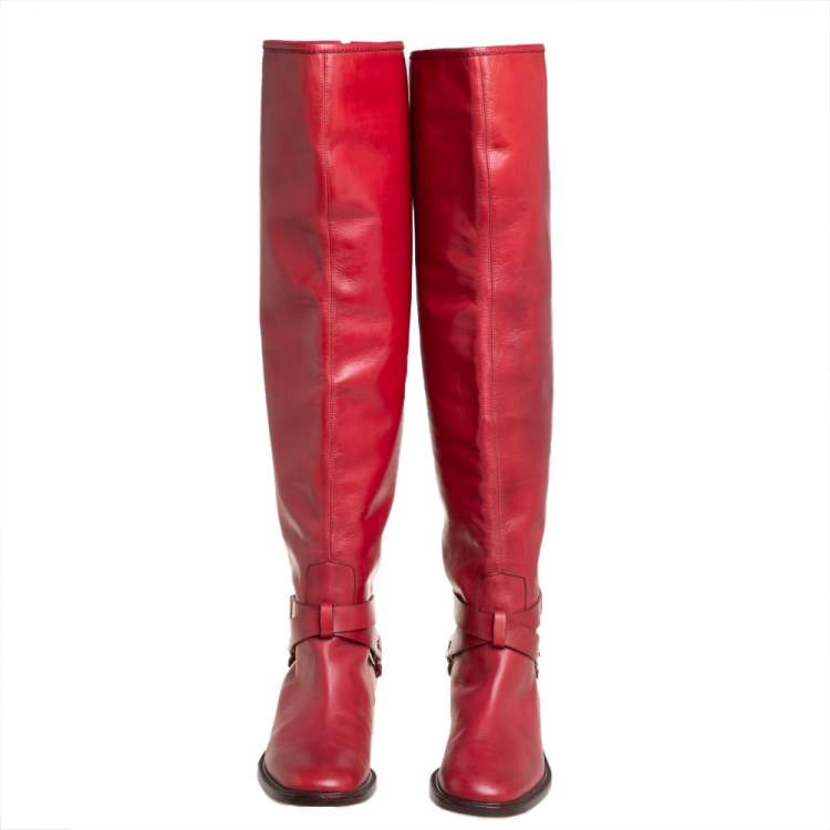 مملوكة مسبقًا Céline Red Leather Knee  Length Boots Size 39