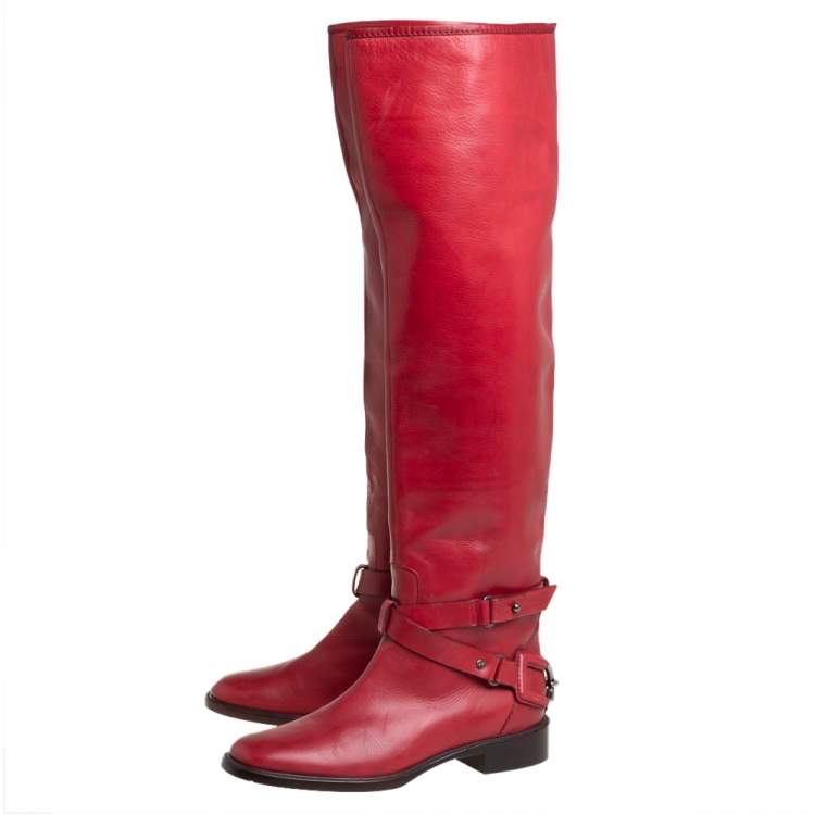 مملوكة مسبقًا Celine Red Leather Knee Length Boots Size 39