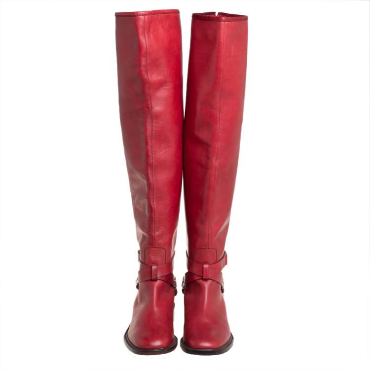 مملوكة مسبقًا Celine Red Leather Knee Length Boots Size 39