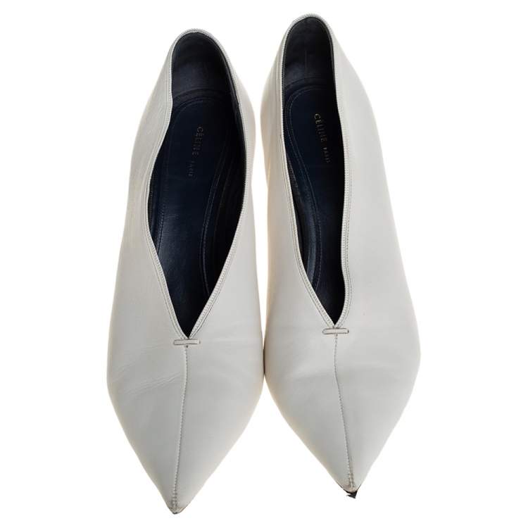 Pre Owned Celine White Leather V-Neck Pointed Toe Pumps Size 40