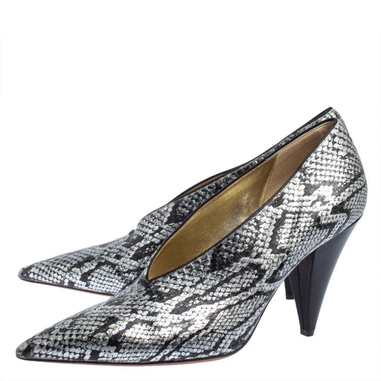 Pre Owned Celine Two Tone Python Embossed Leather V Neck Pumps Size 40