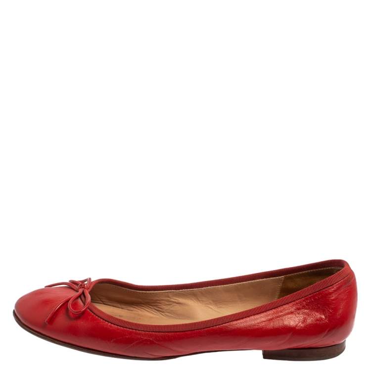 Pre Owned Celine Red Leather Bow Ballet Flats Size 37