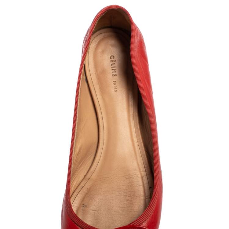 Pre Owned Celine Red Leather Bow Ballet Flats Size 37