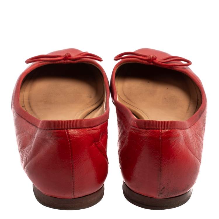 Pre Owned Celine Red Leather Bow Ballet Flats Size 37