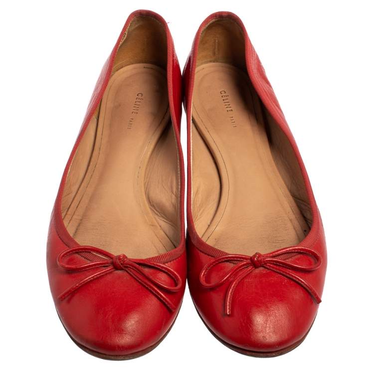 Pre Owned Celine Red Leather Bow Ballet Flats Size 37