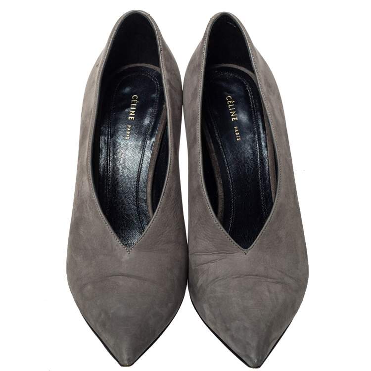Pre Owned Celine Grey Leather V-Neck Pumps Size 35