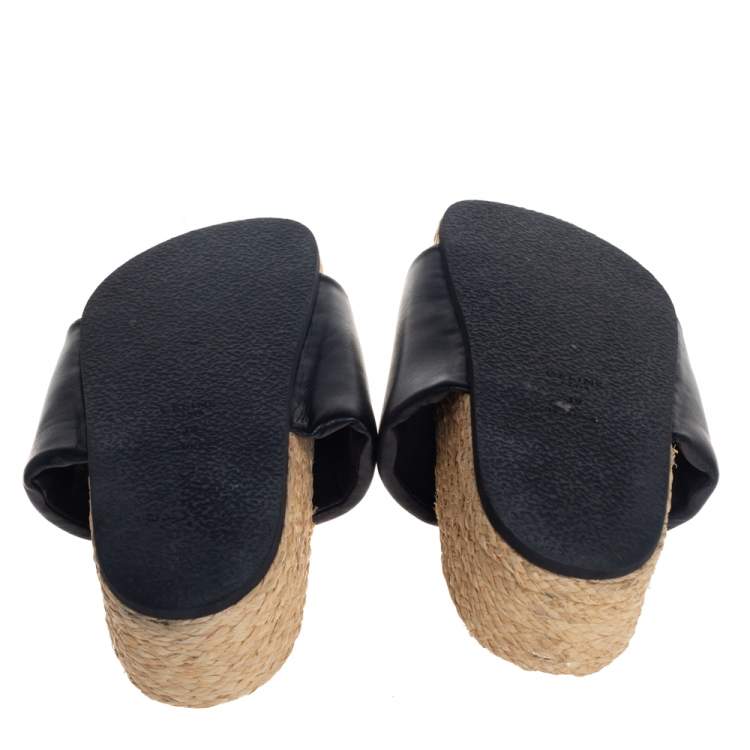 Pre Owned Celine Black Leather Flat Espadrille Slides Size 39